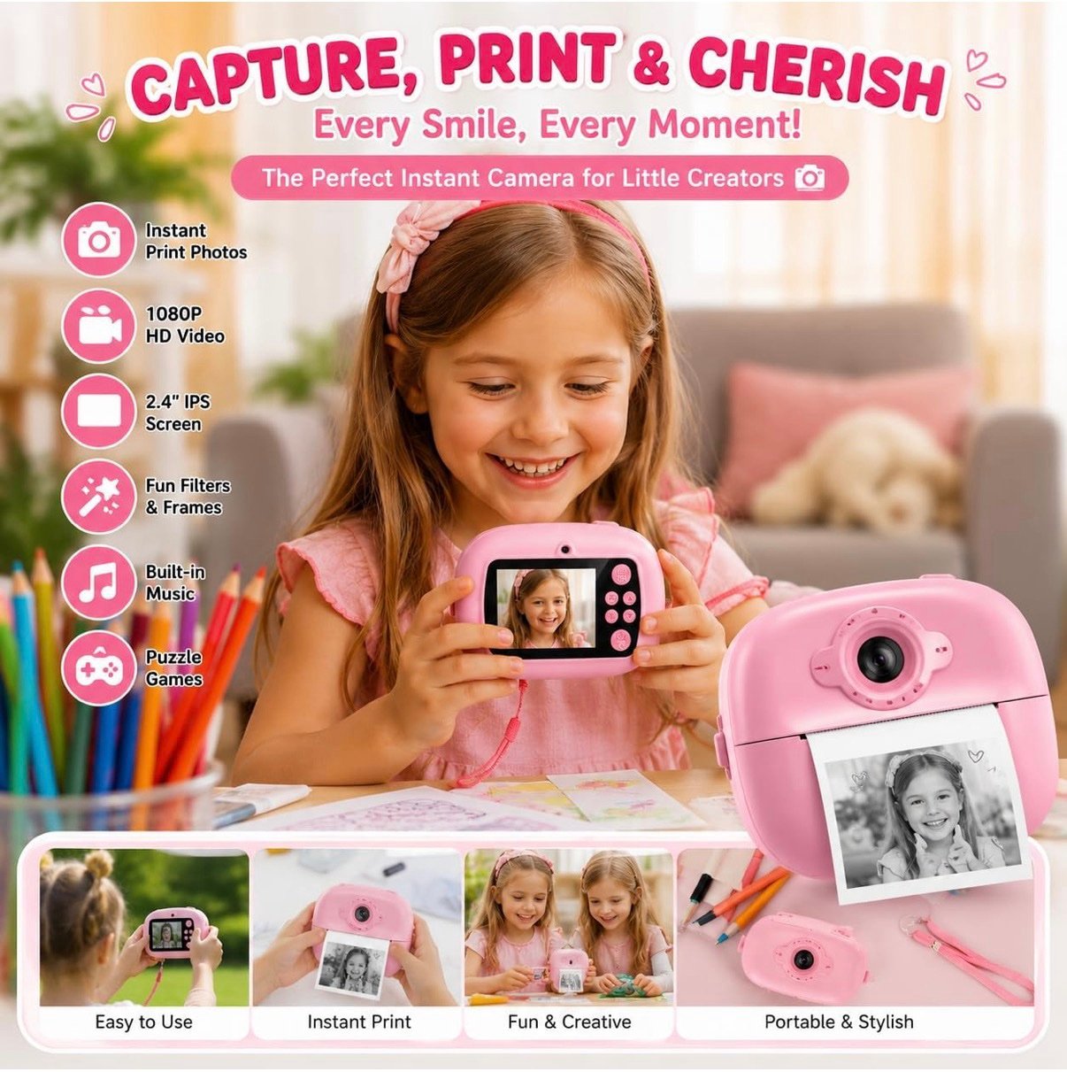 DIY Instant Print Mini Camera | Photo, Video, Games, Music & More | 2.4” HD Screen - Image 4